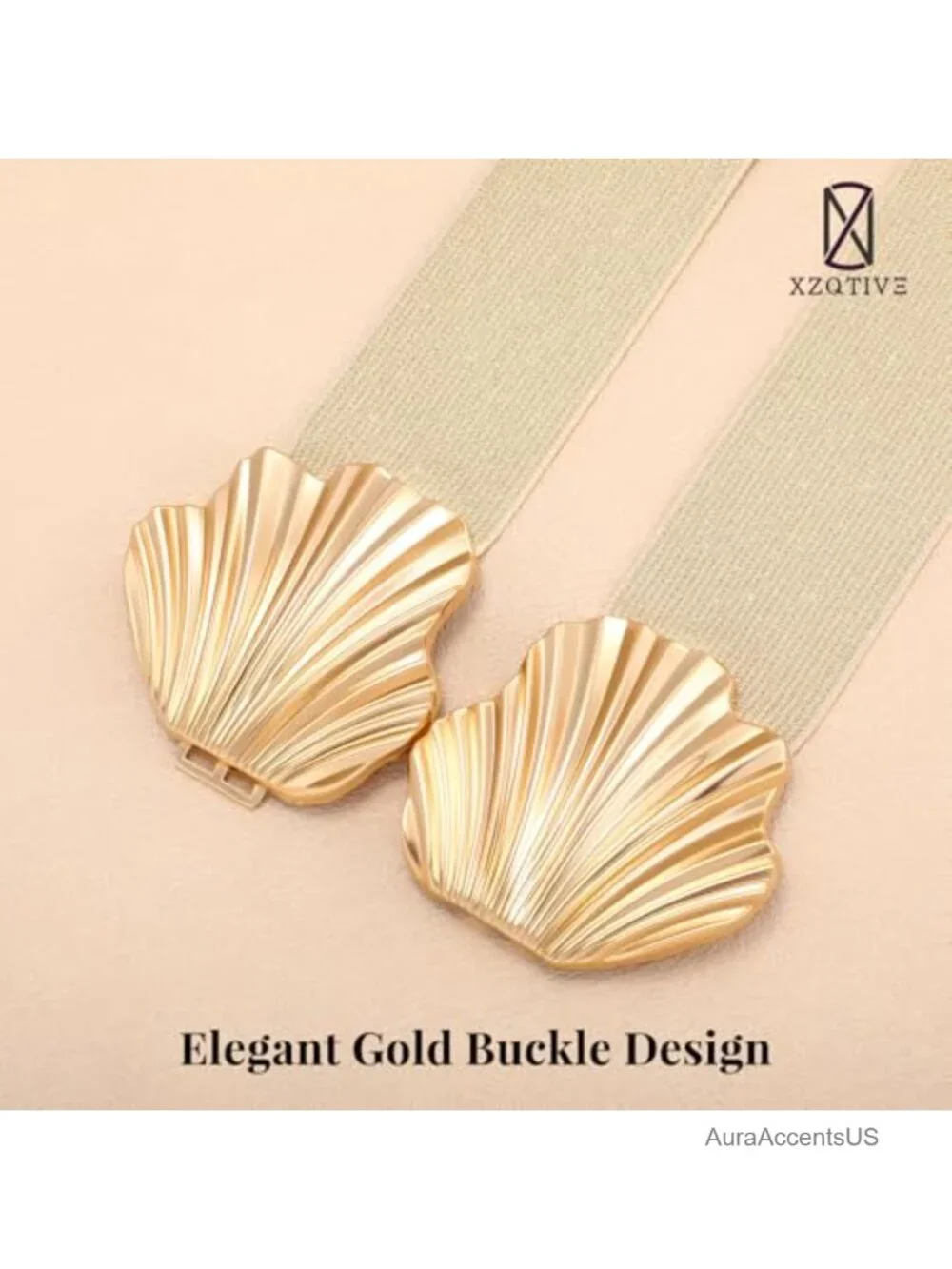 Wide Elastic Belt with Shell Gold Buckle - Stretchy Fashion Waist Belt for